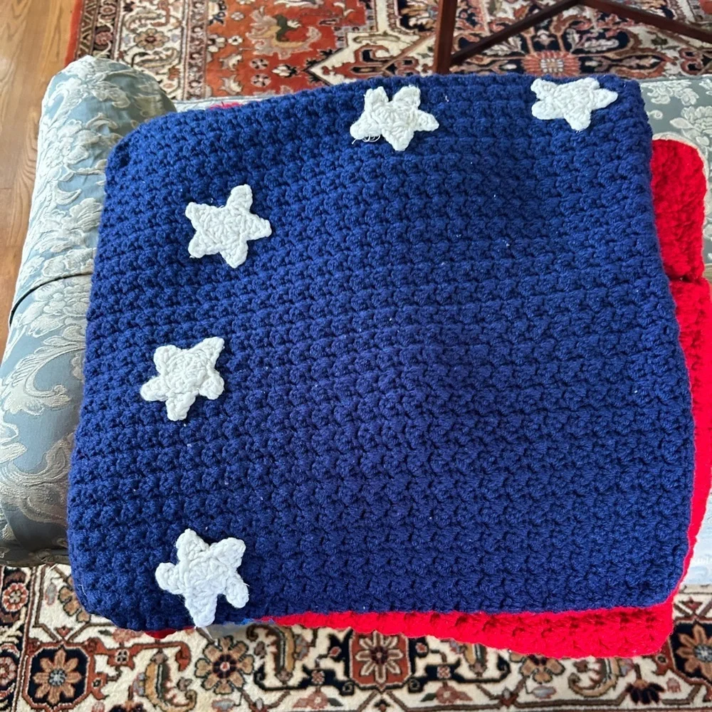 Hand Crafted Patriotic Red Knit Throw Pillow Cover 18 x 18 Hand Crochet Heirloom